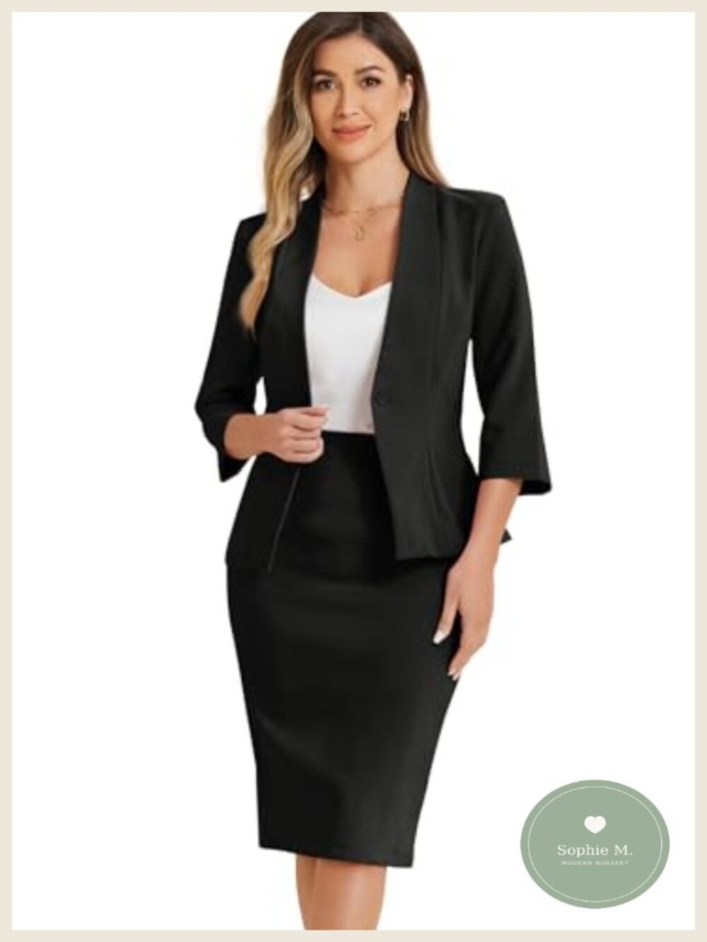 3/4 Sleeve Blazer Pencil Skirt Suit Set Business Professional